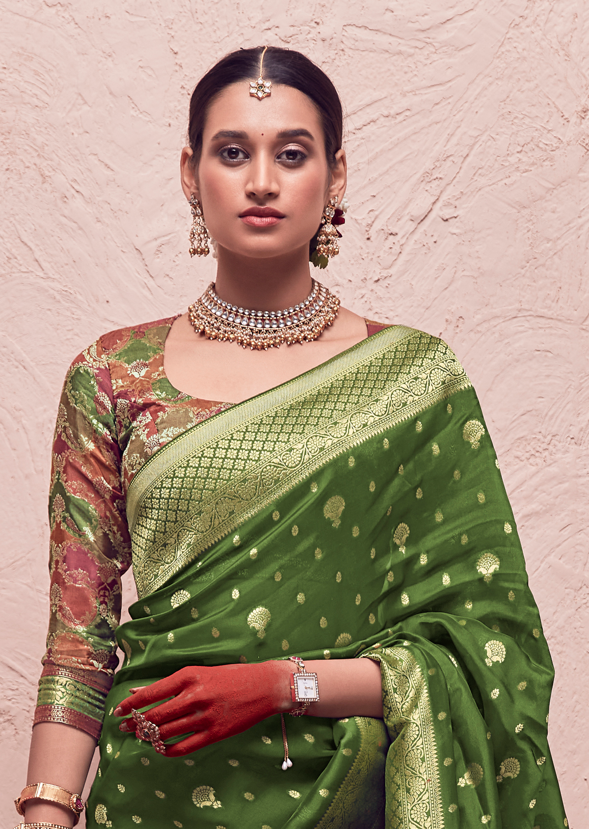 DEEP OLIVE GREEN PURE CREPE SILK DESIGNER KHADDI BANARASI SAREE