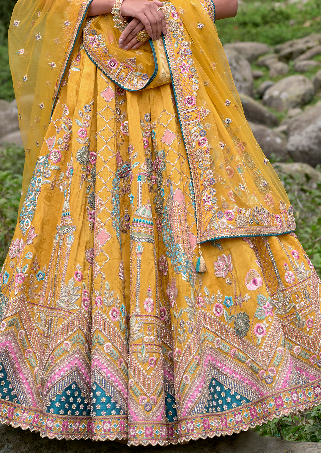 Mustard Yellow Hand Worked Premium Designer Silk Lehenga