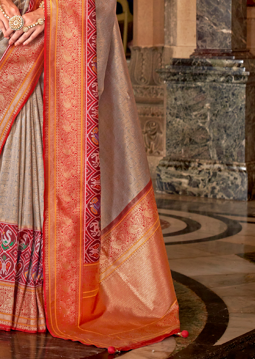 Cloud Grey & Red	Woven Royal Patola Kanjivaram Silk Saree