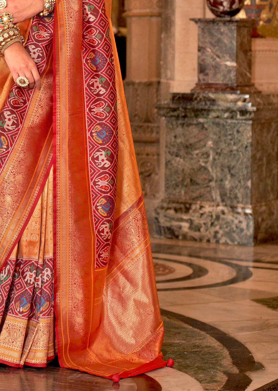 Mustard Yellow & Red	Woven Royal Patola Kanjivaram Silk Saree