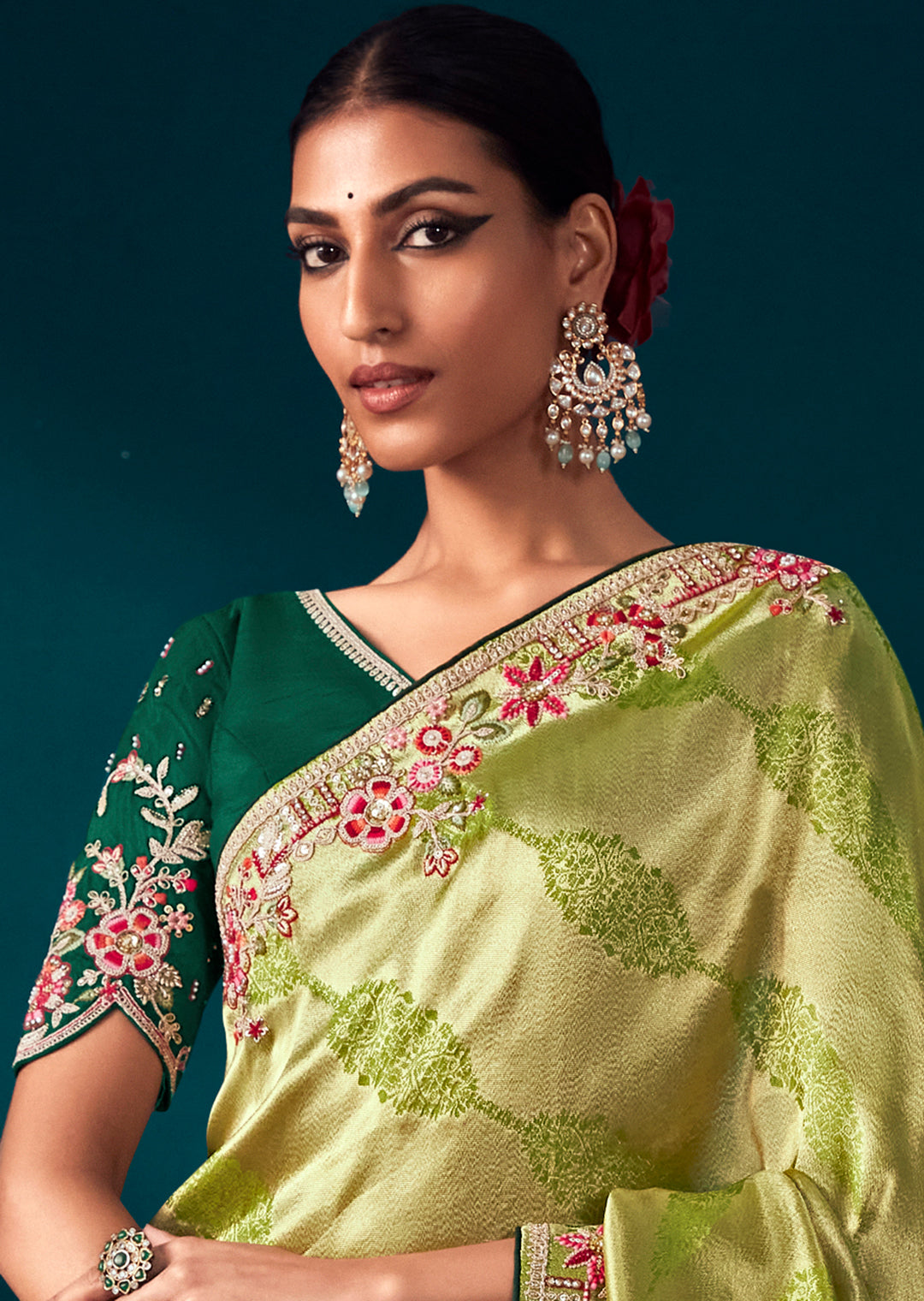 LAWN GREEN HEAVY EMBROIDERED BROCADE DESIGNER KANJIVARAM SILK SAREE