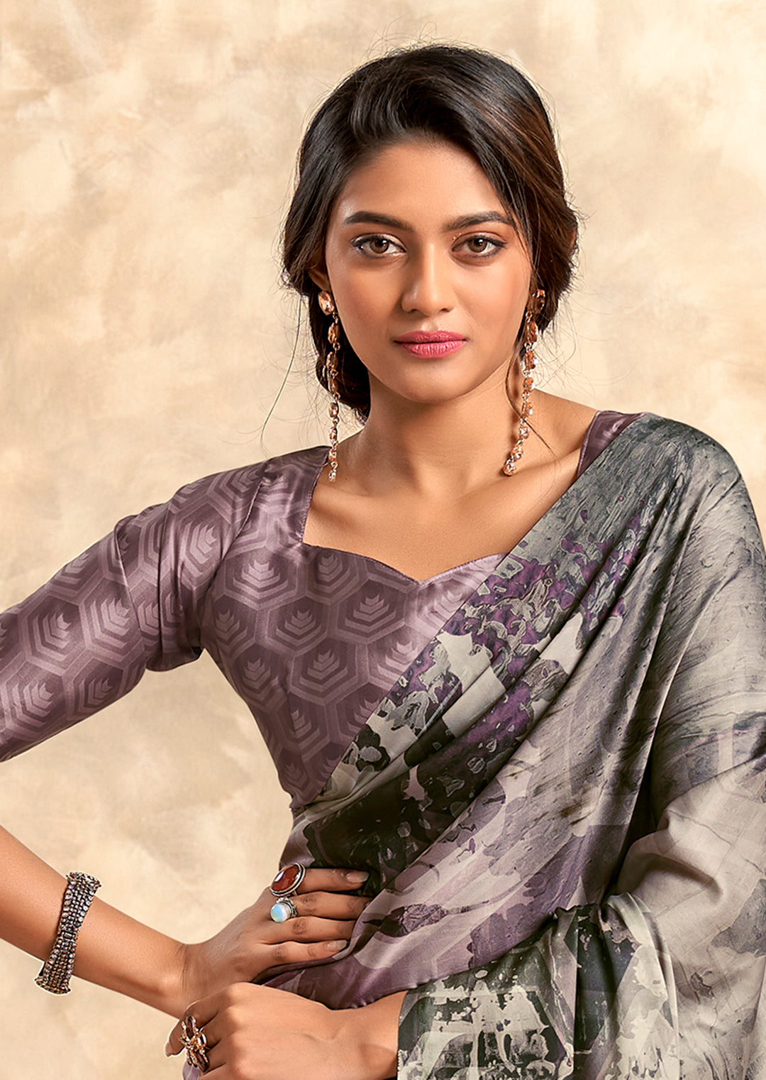 Heather Purple Woven Digital Printed Crepe Silk Saree