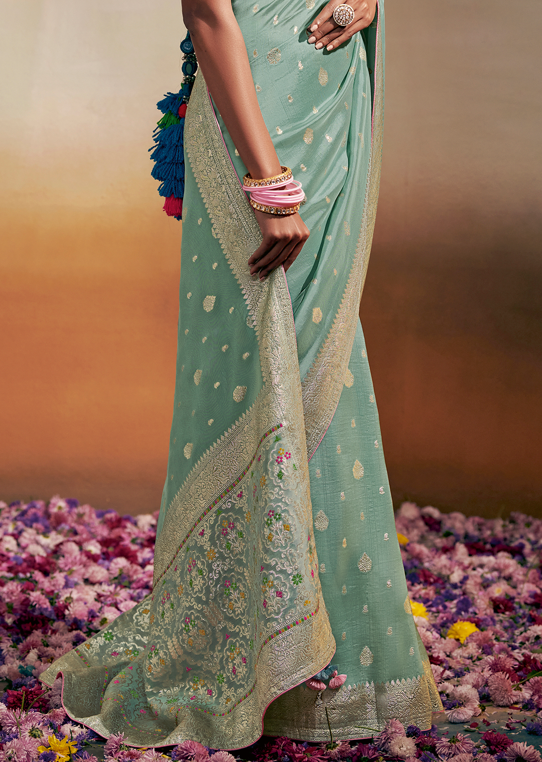 MINT GREEN WOVEN PURE CHINON CHIFFON DESIGNER SILK SAREE