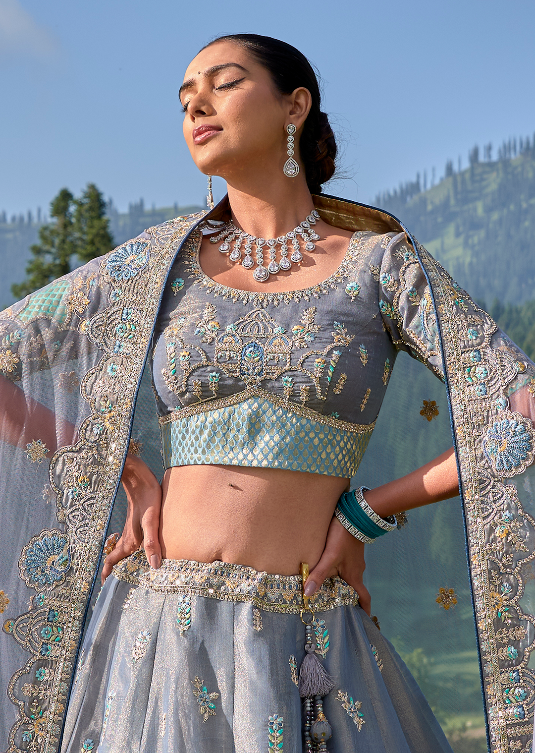 Lavender Grey Hand Worked Premium Designer Silk Lehenga