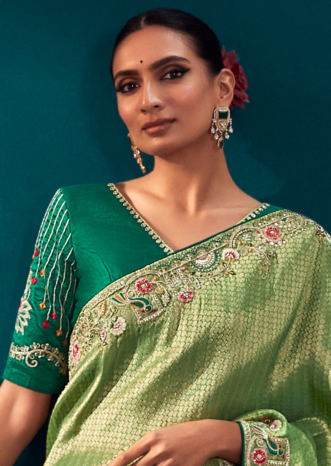 TEA GREEN HEAVY EMBROIDERED BROCADE DESIGNER KANJIVARAM SILK SAREE