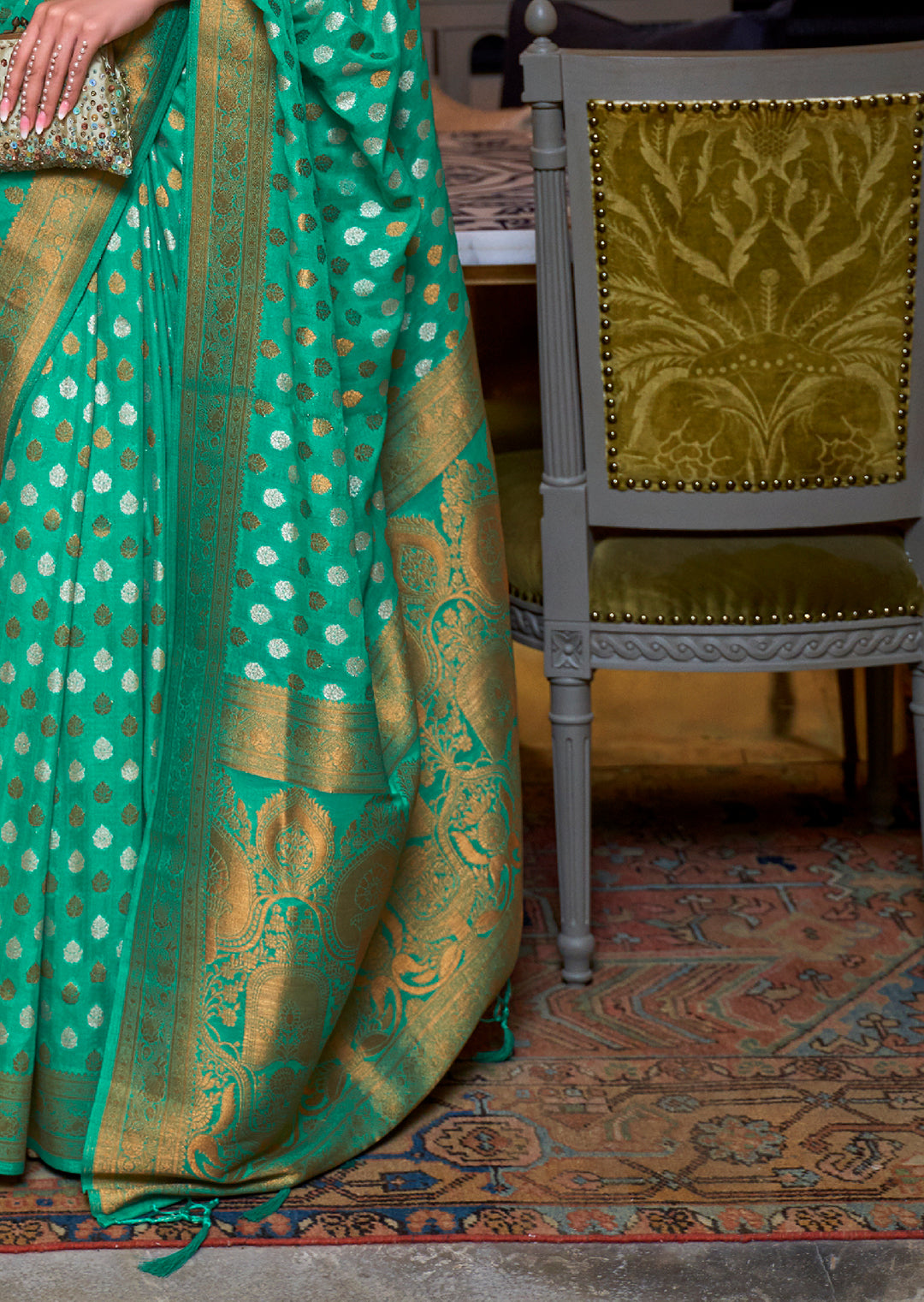 SEAFOAM GREEN	COPPER ZARI WOVEN PURE KHADDI GEORGETTE BANARASI SAREE