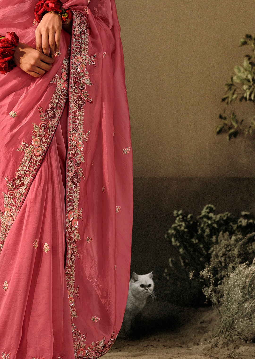 CORAL PINK WOVEN HEAVY EMBROIDERED PREMIUM DESIGNER SILK SAREE