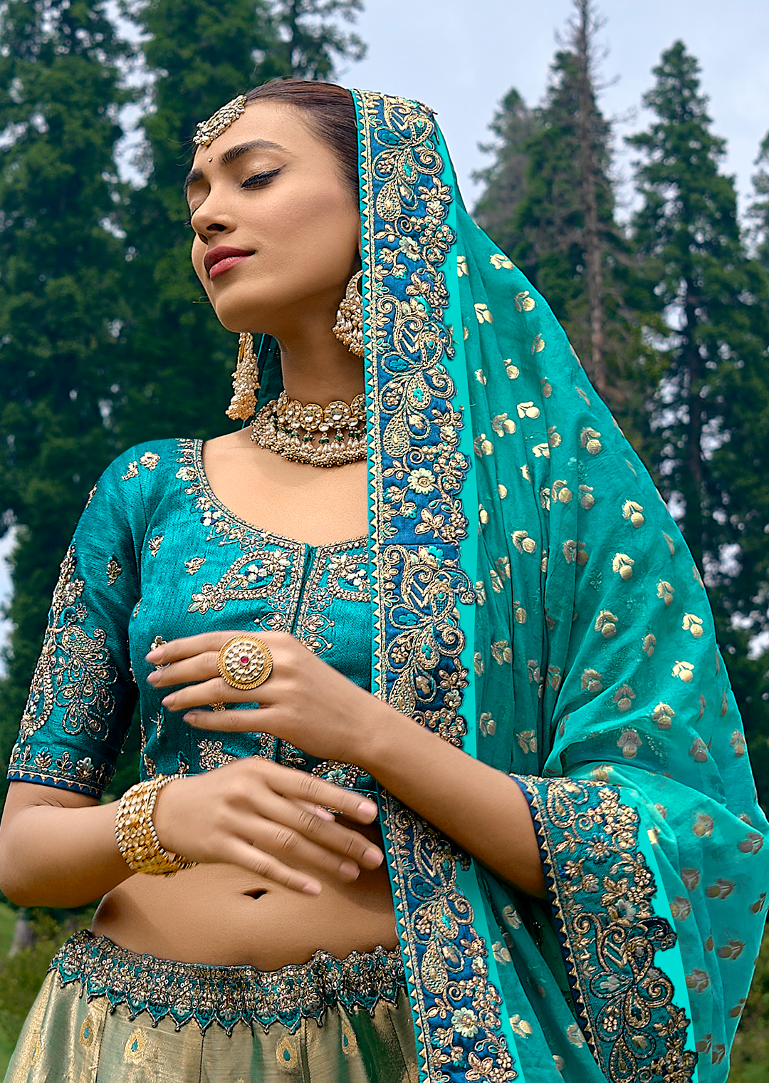 Teal Blue Heavy Embroidered Premium Designer Silk Lehenga