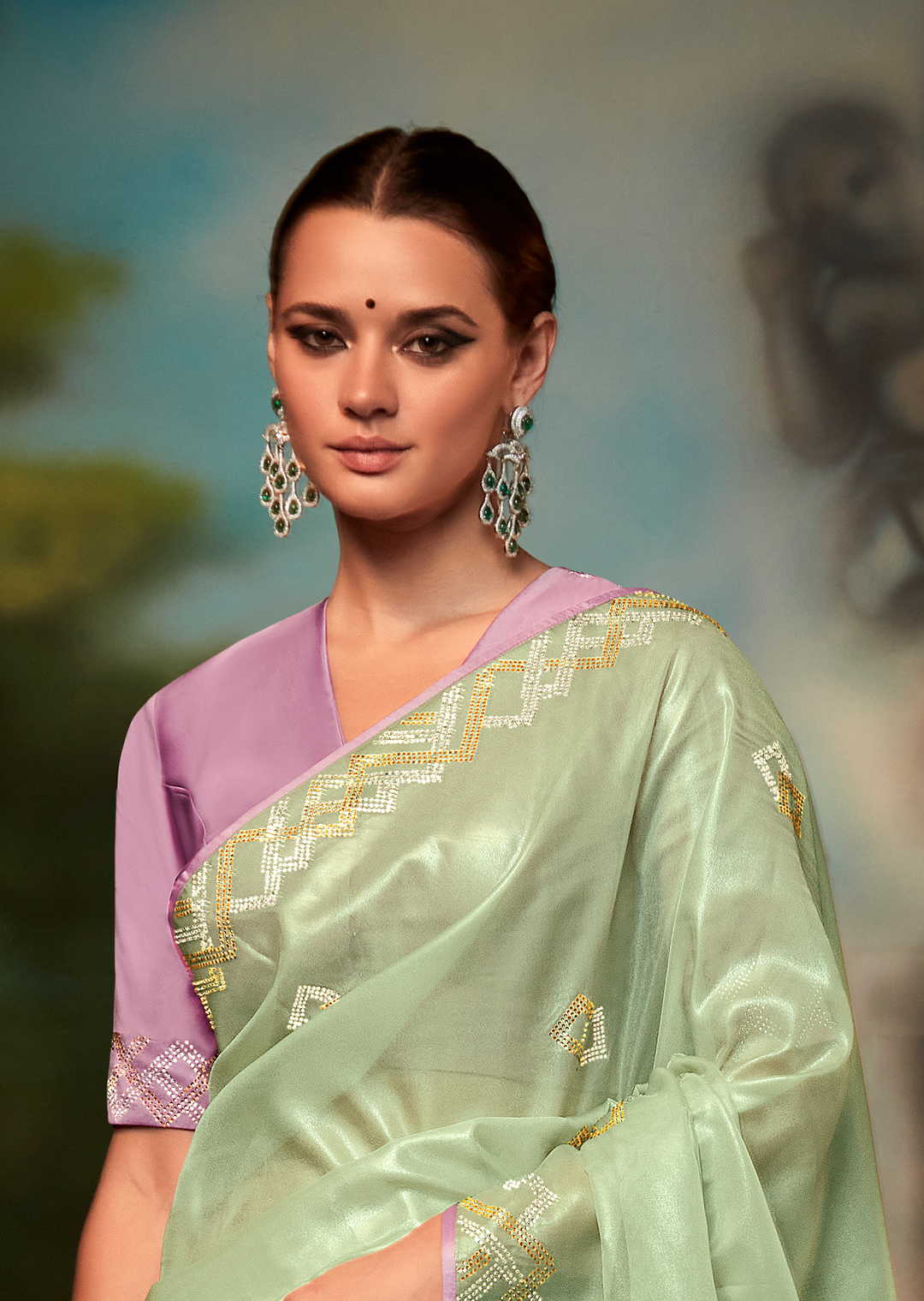 MINT GREEN PURE TISSUE SILK SWAROVSKI DESIGNER SAREE