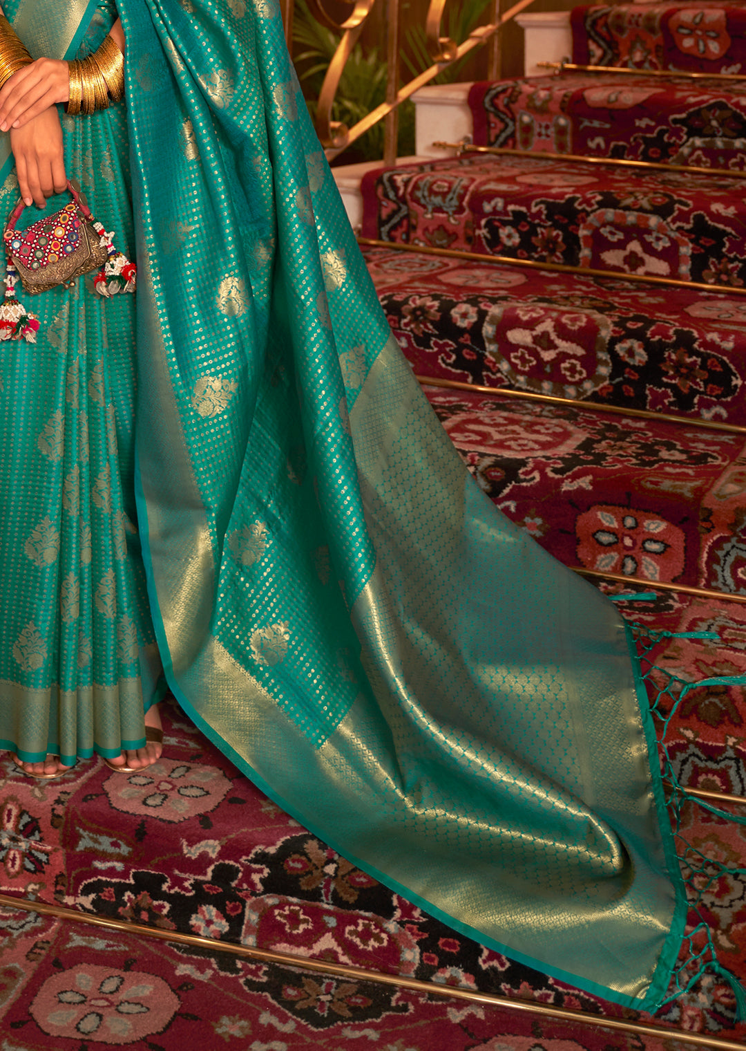 Teal Green Zari Woven Two Tone Chinon Kanjivaram Silk Saree