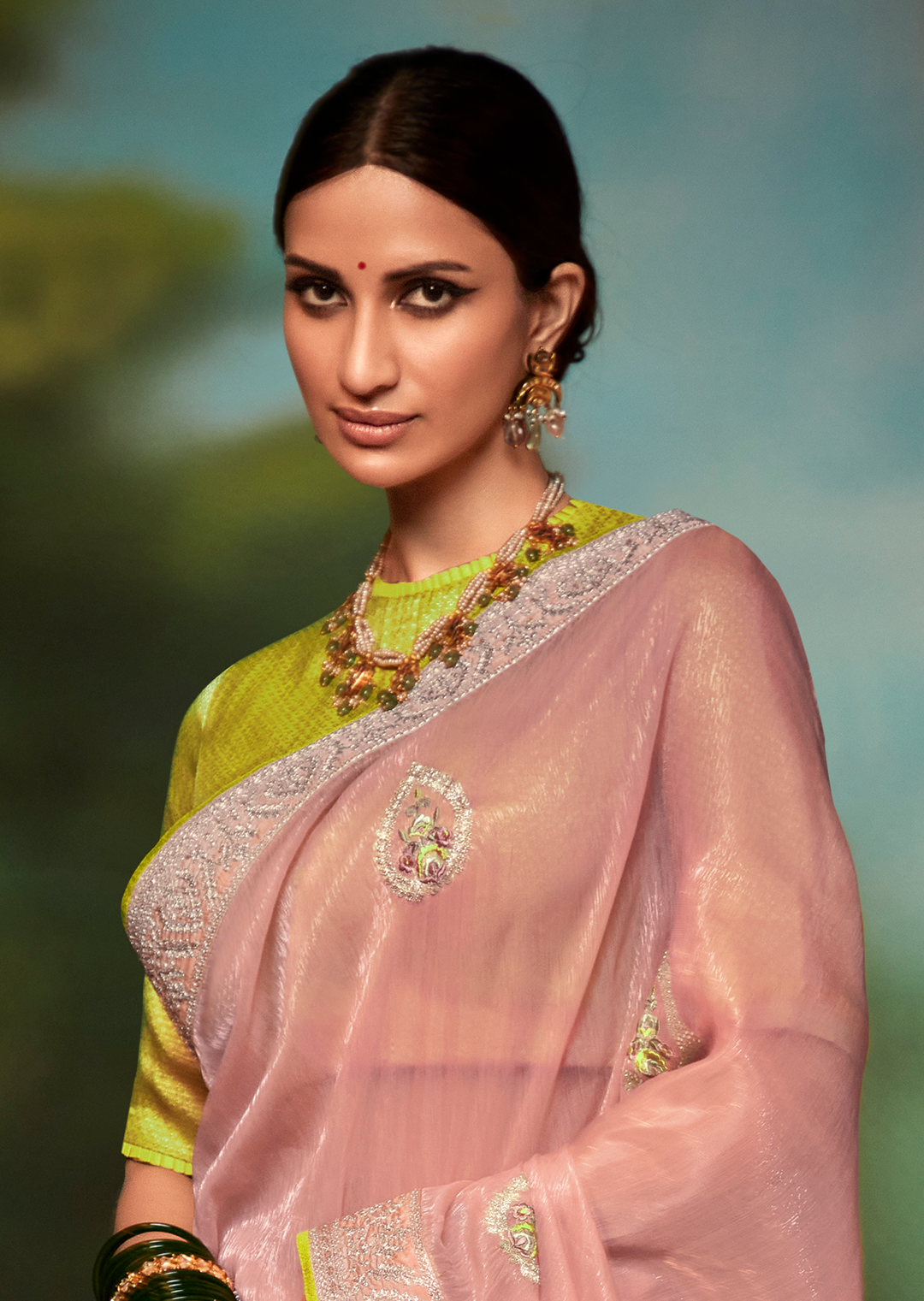 LEMONADE PINK PURE TISSUE SILK SWAROVSKI DESIGNER SAREE