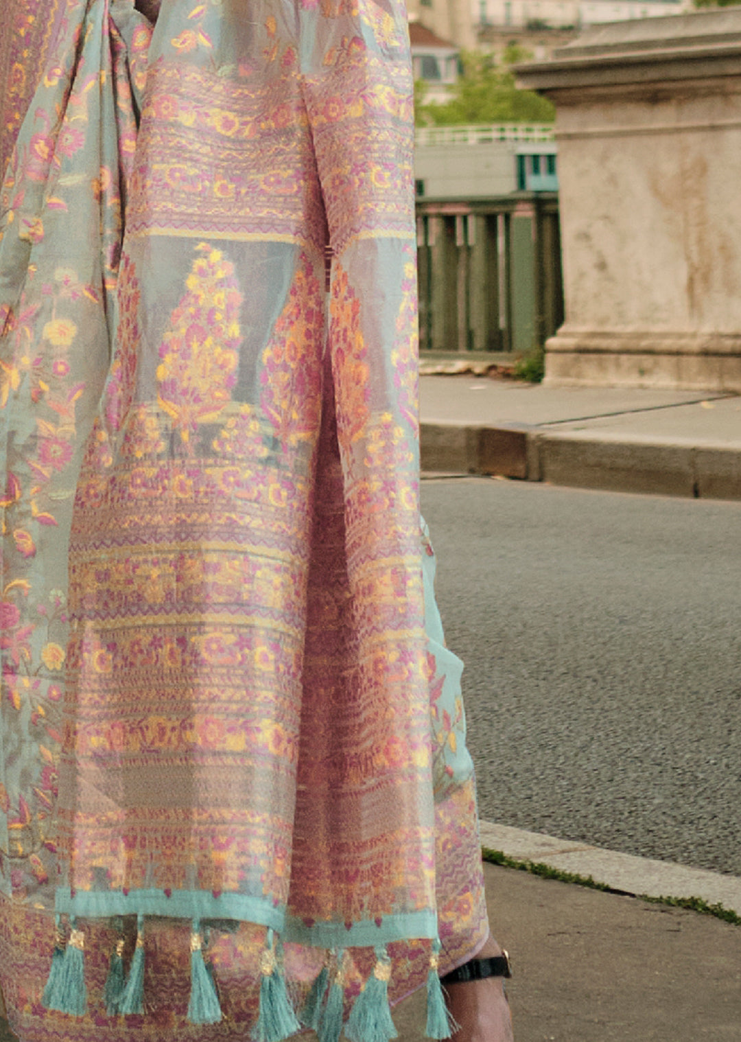 Mint Blue Woven Pure Handloom Kashmiri Organza Silk Saree