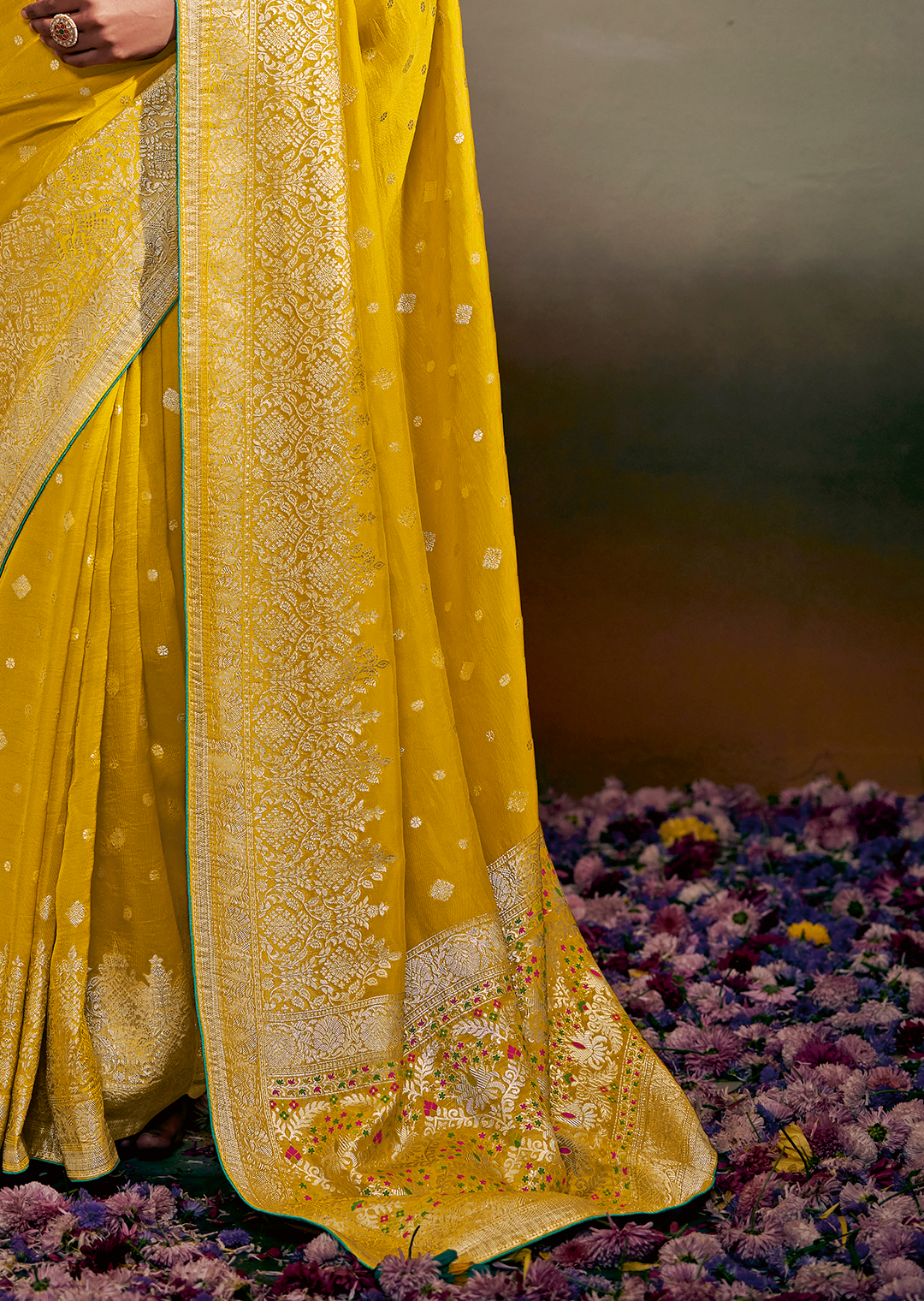 GOLDEN YELLOW WOVEN PURE CHINON CHIFFON DESIGNER SILK SAREE