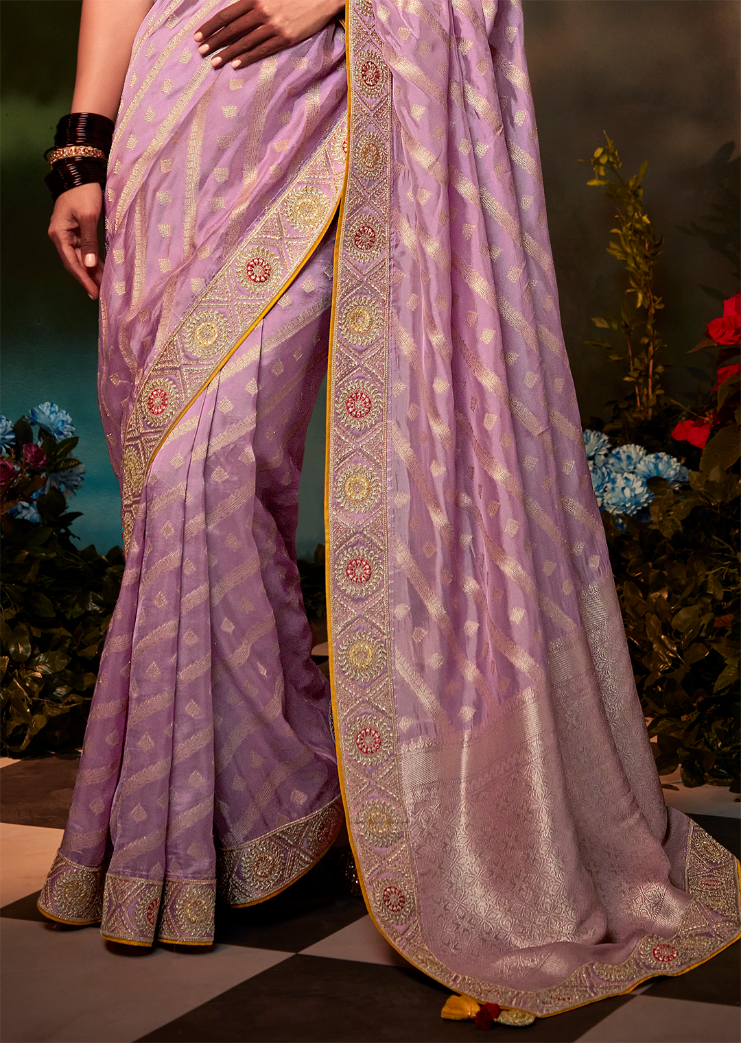 WISTERIA PURPLE HEAVY EMBROIDERED DESIGNER BANARASI SILK SAREE