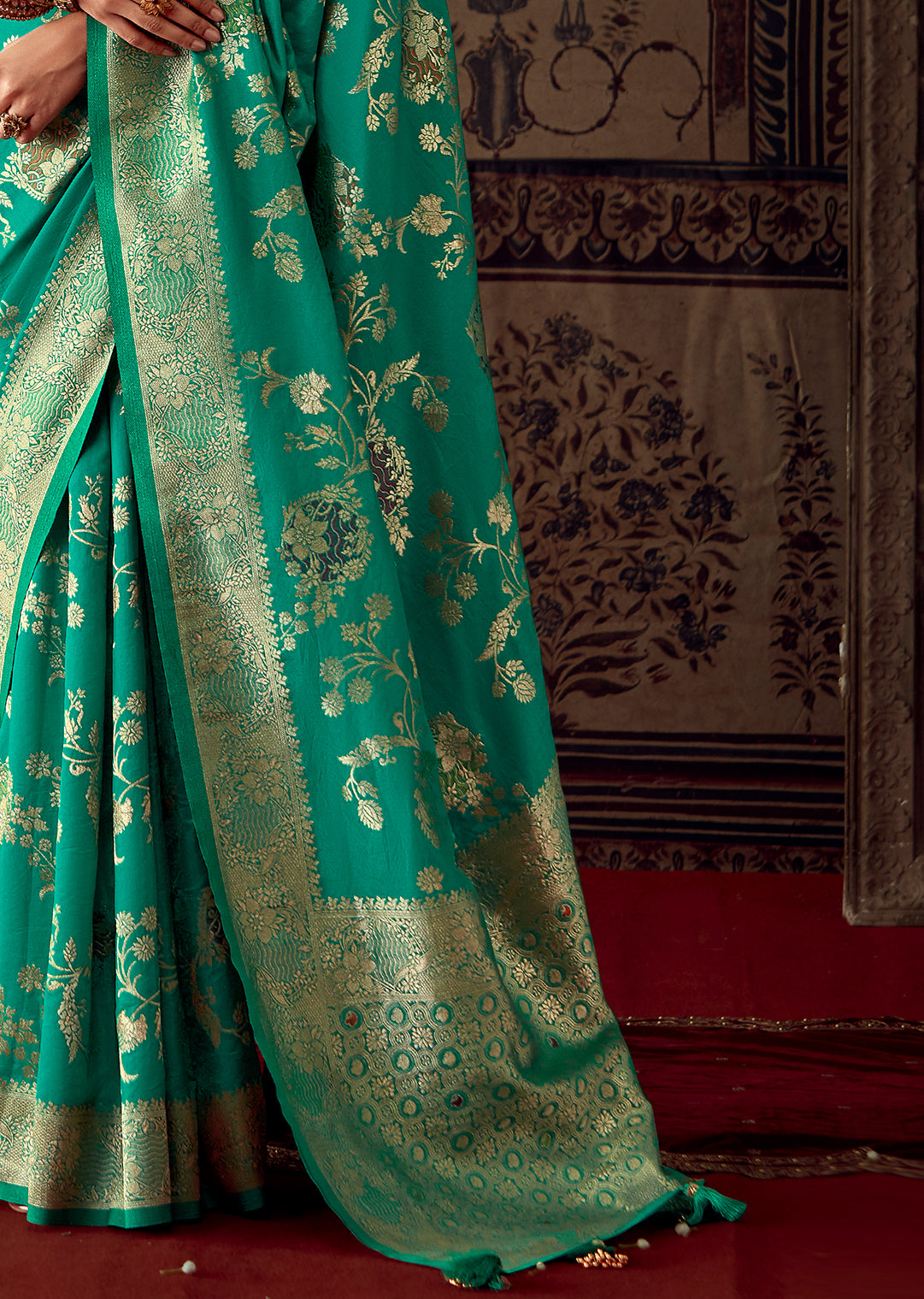 MARINE GREEN MEENAKARI WOVEN DESIGNER BANARASI SILK SAREE