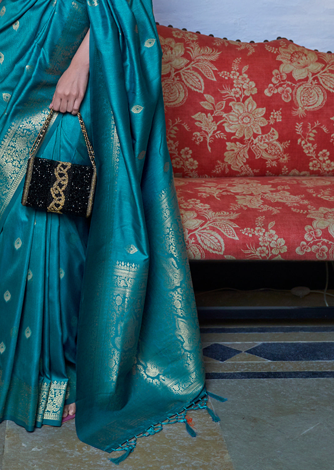 Teal Blue Zari Woven Pure Handloom Silk Saree