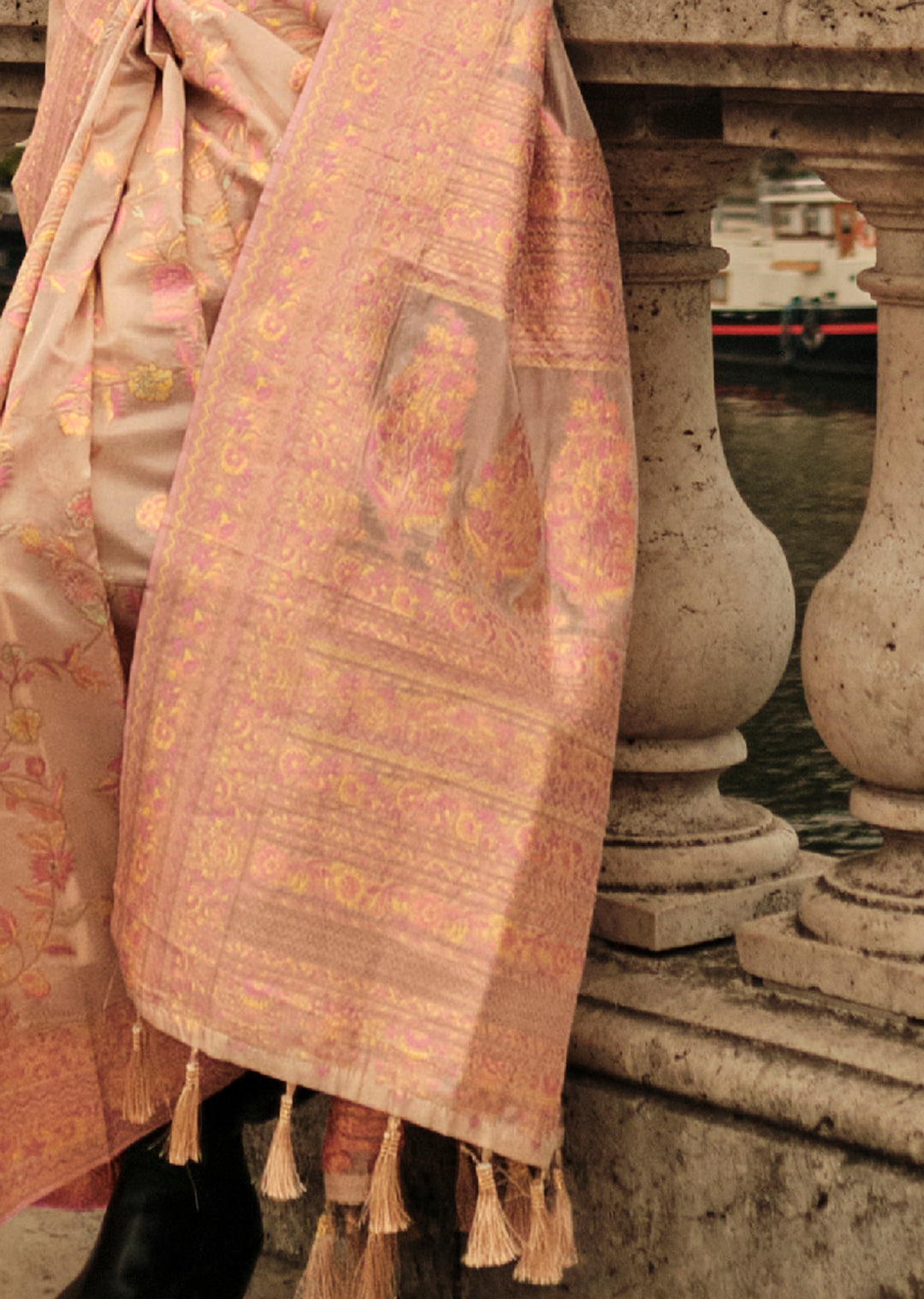 Beige Woven Pure Handloom Kashmiri Organza Silk Saree