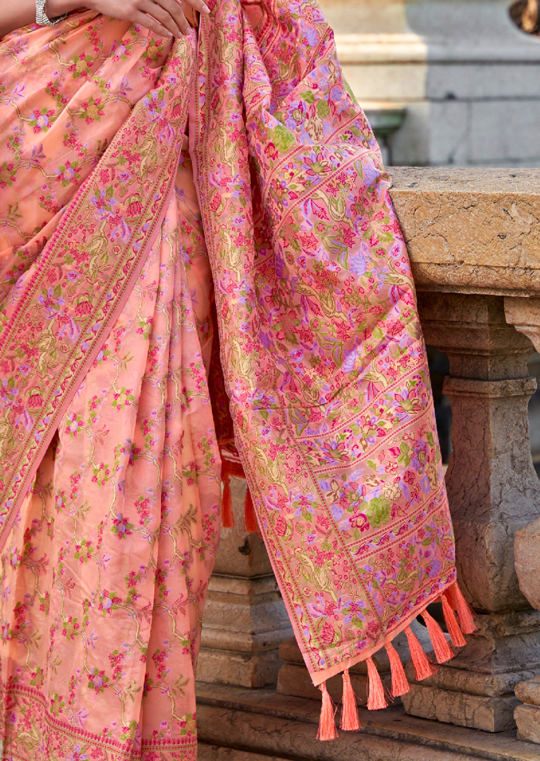 Peach Woven Pure Handloom Parsi Organza Silk Saree