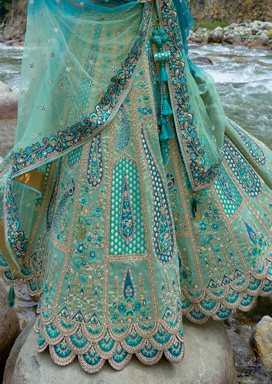 Mint Green Hand Worked Premium Designer Silk Lehenga