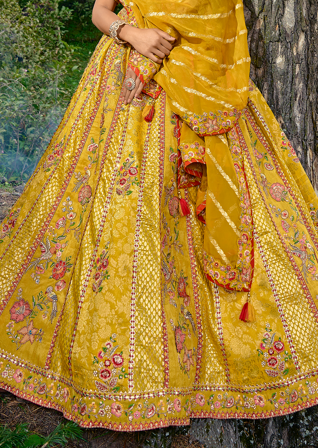 Golden Yellow Heavy Embroidered Premium Designer Silk Lehenga