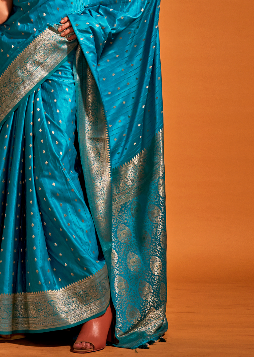 Teal Blue Zari Woven  Handloom Pure Banarasi Satin Silk Saree