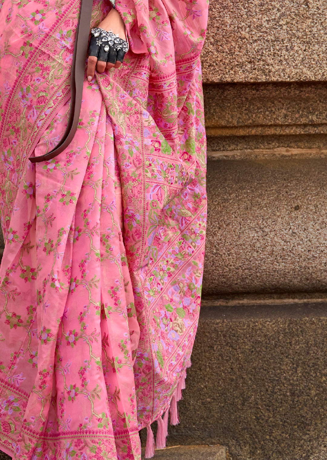 Carnation Pink Woven Pure Handloom Parsi Organza Silk Saree