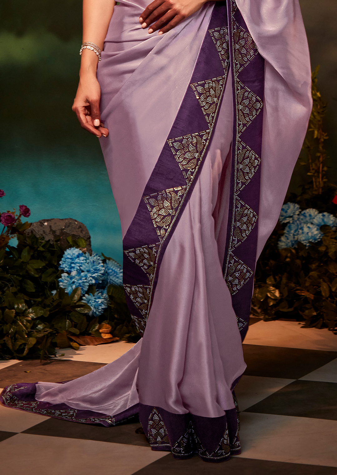 LAVENDER PURE CREPE SILK SWAROVSKI DESIGNER SAREE