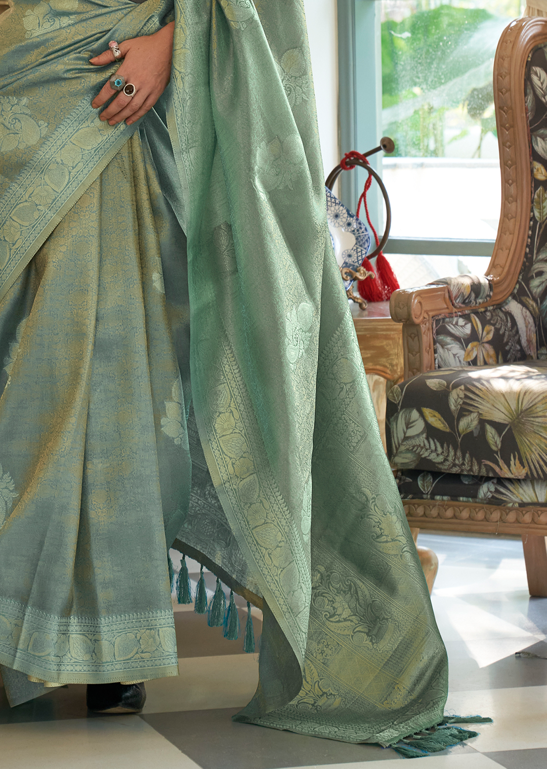 Mint Green Zari Woven Pure Handloom Satin Tissue Silk Saree