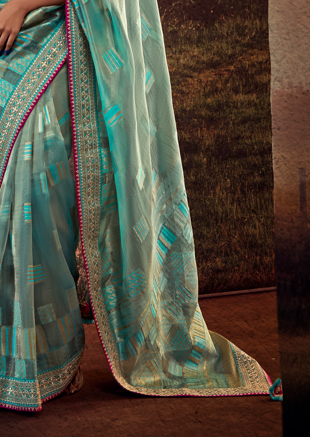 AQUA BLUE PURE TISSUE SILK DESIGNER SAREE