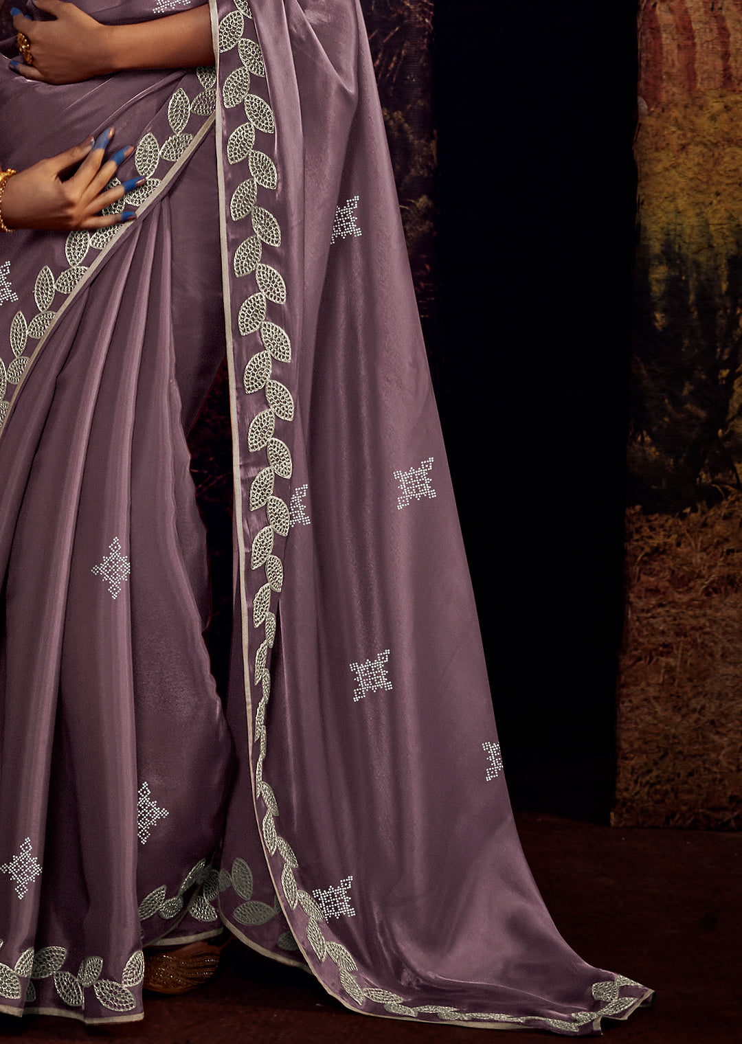 HEATHER PURPLE PURE TISSUE SILK HEAVY EMBROIDERED DESIGNER SAREE