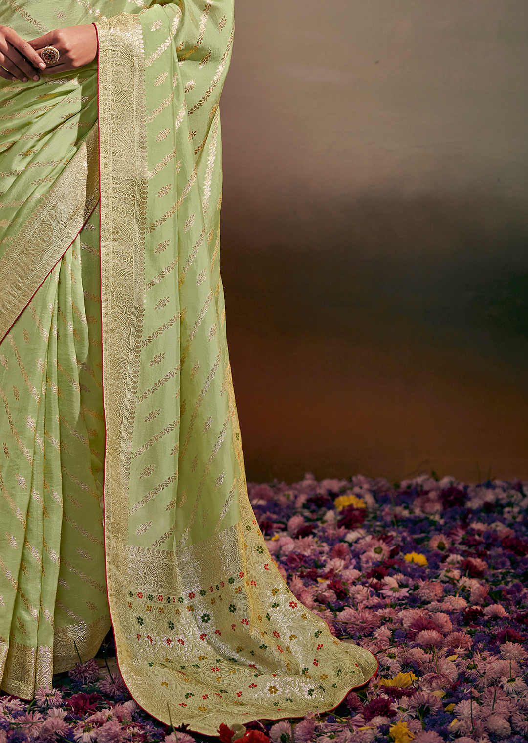 TEA GREEN WOVEN PURE CHINON CHIFFON DESIGNER SILK SAREE