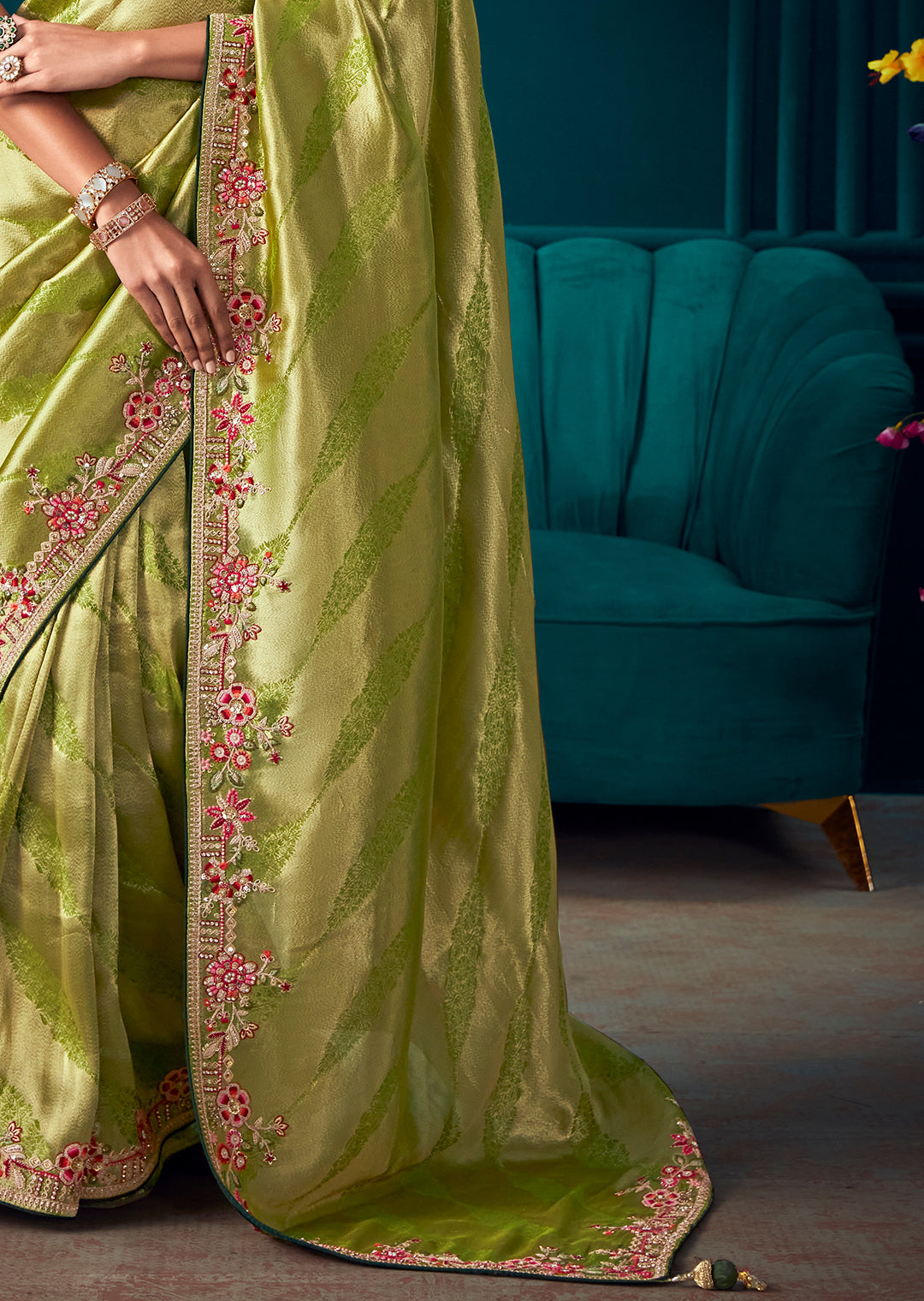 LAWN GREEN HEAVY EMBROIDERED BROCADE DESIGNER KANJIVARAM SILK SAREE