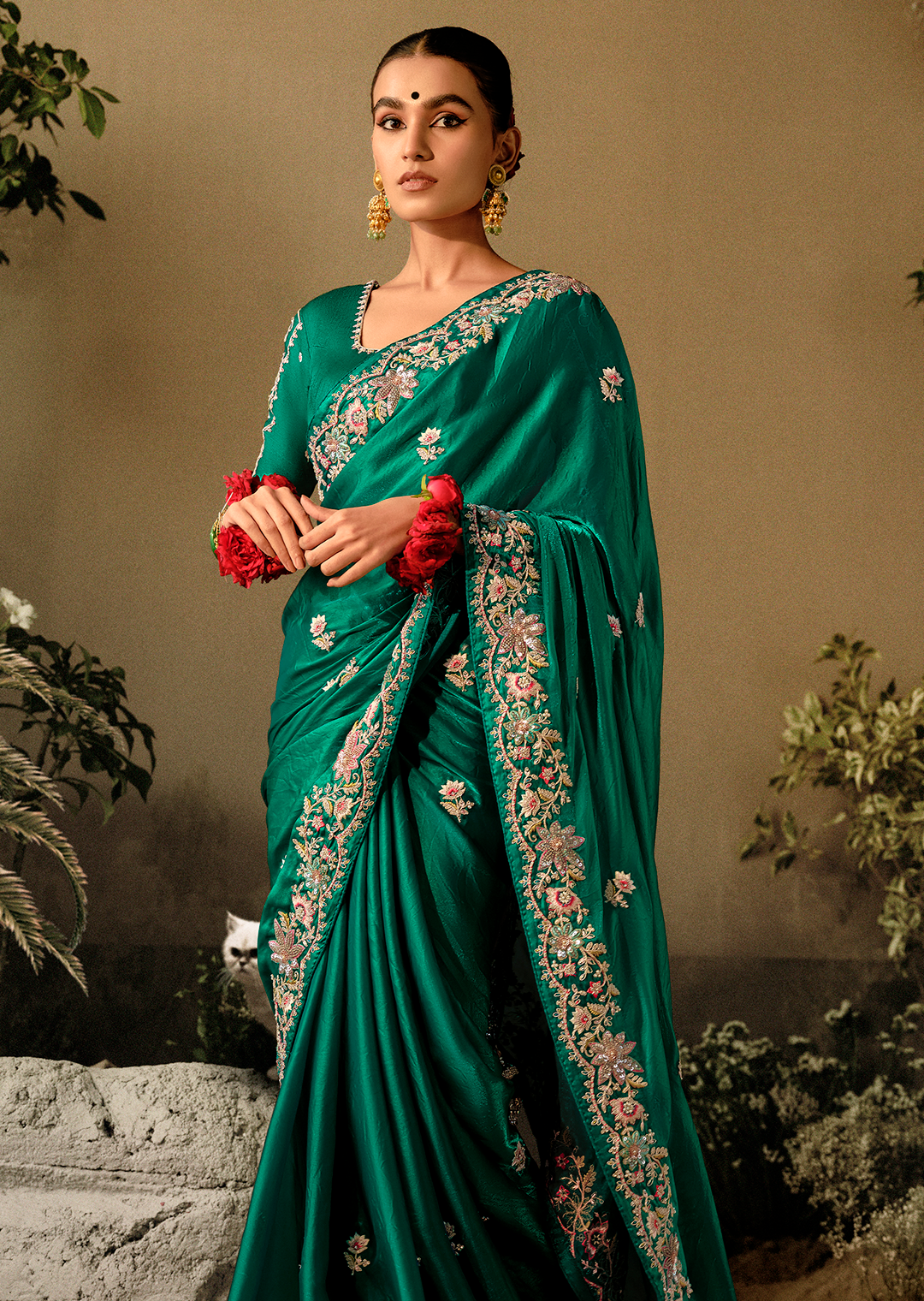 GREEN WOVEN HEAVY EMBROIDERED PREMIUM DESIGNER SILK SAREE