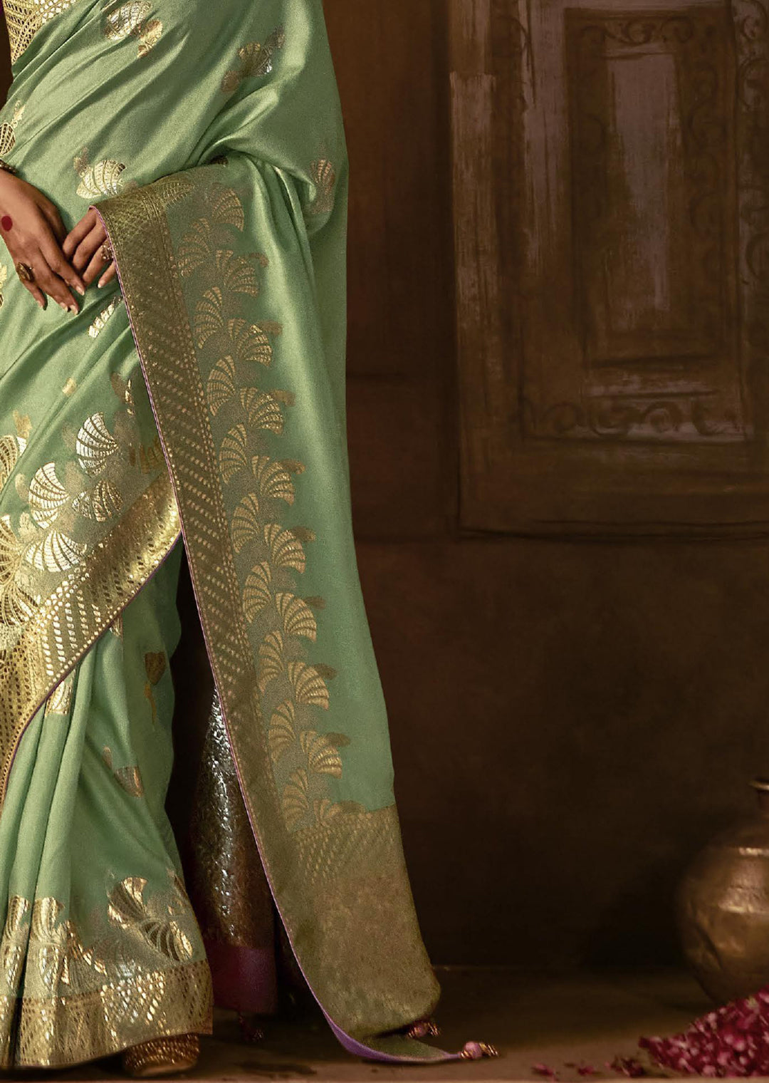 TEA GREEN WOVEN PURE CREPE SILK DESIGNER BANARASI SAREE