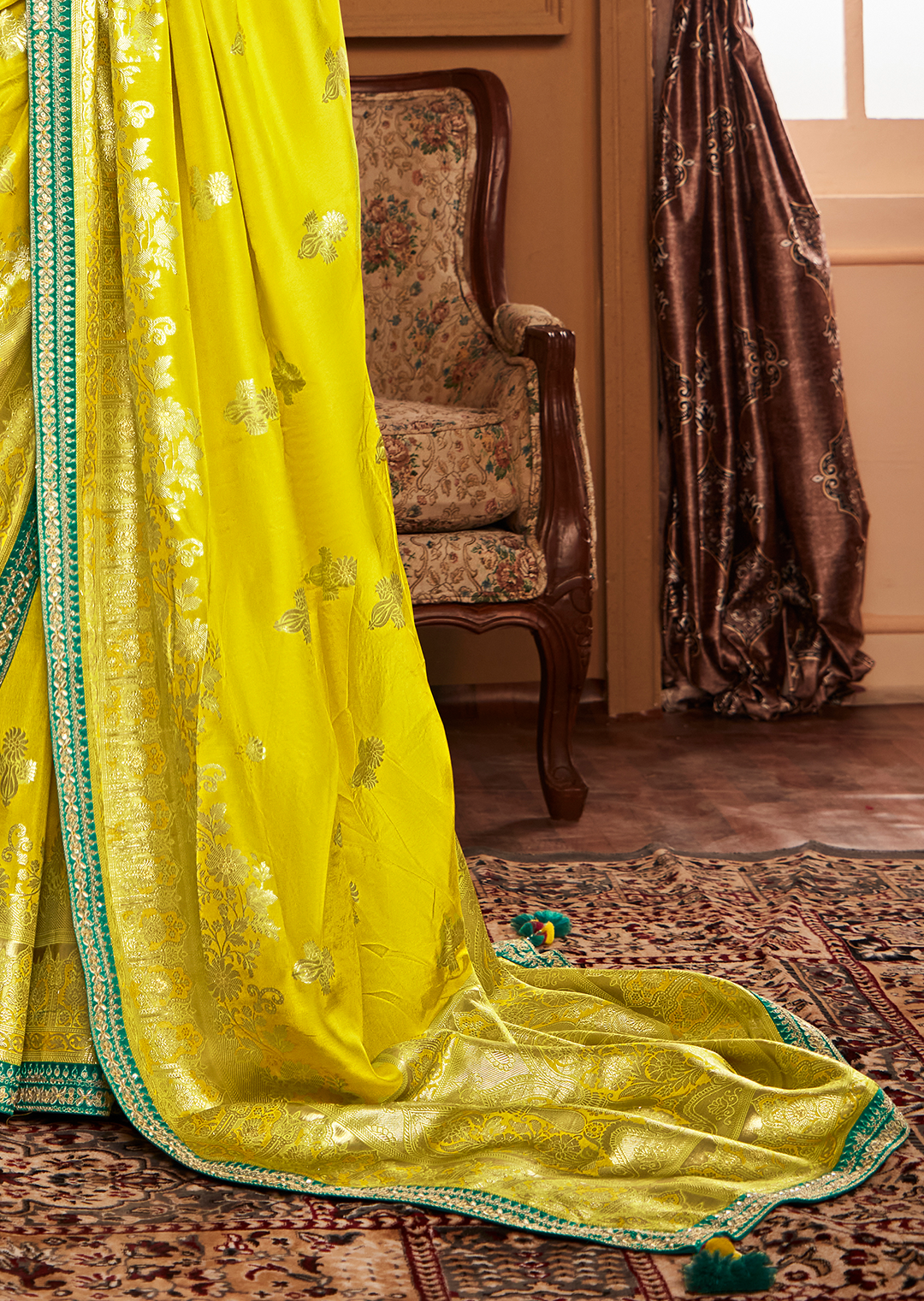 LEMON YELLOW  PURE CREPE SILK DESIGNER BANARASI SAREE