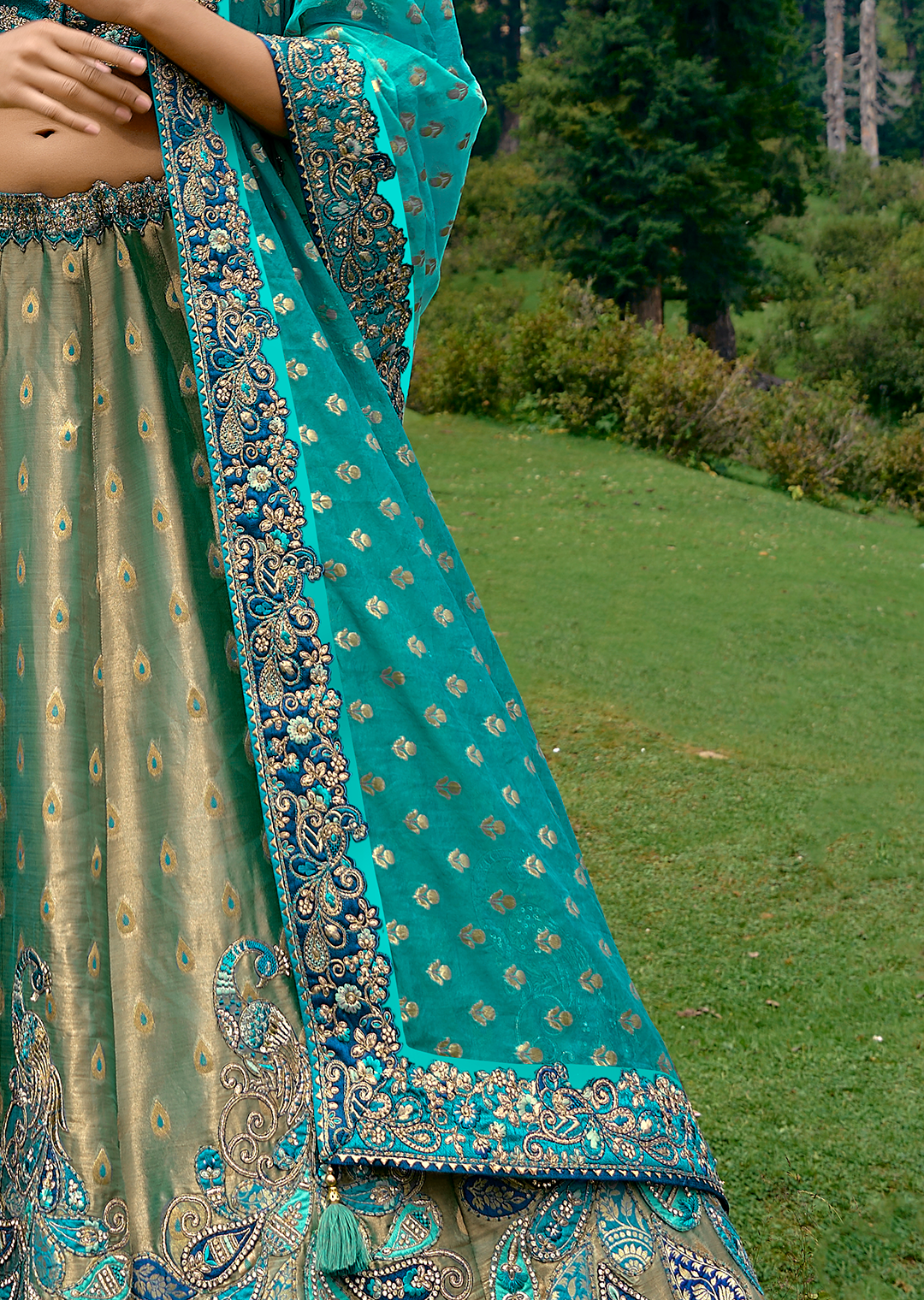 Teal Blue Heavy Embroidered Premium Designer Silk Lehenga