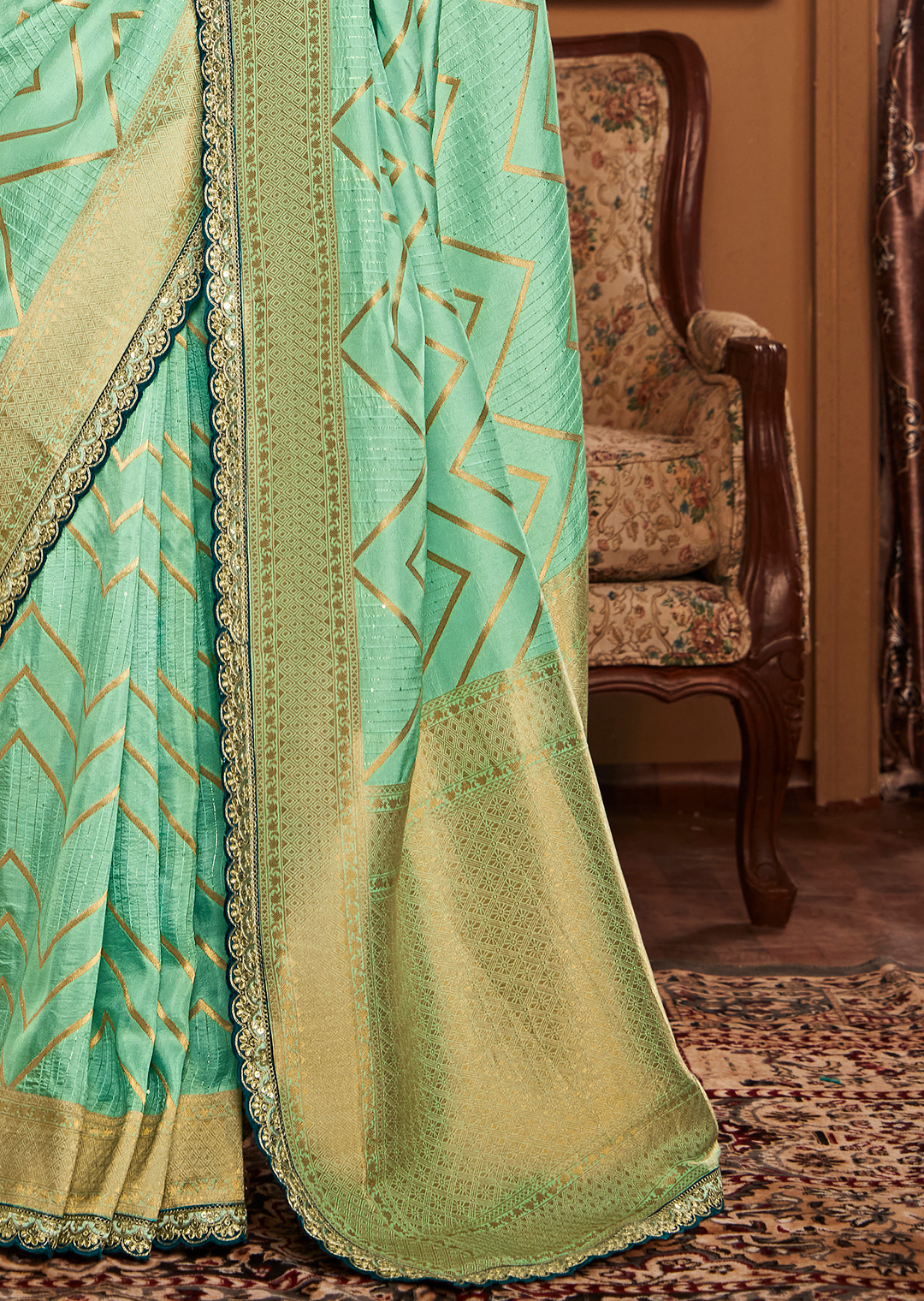 PEARL AQUA  PURE CREPE SILK DESIGNER BANARASI SAREE