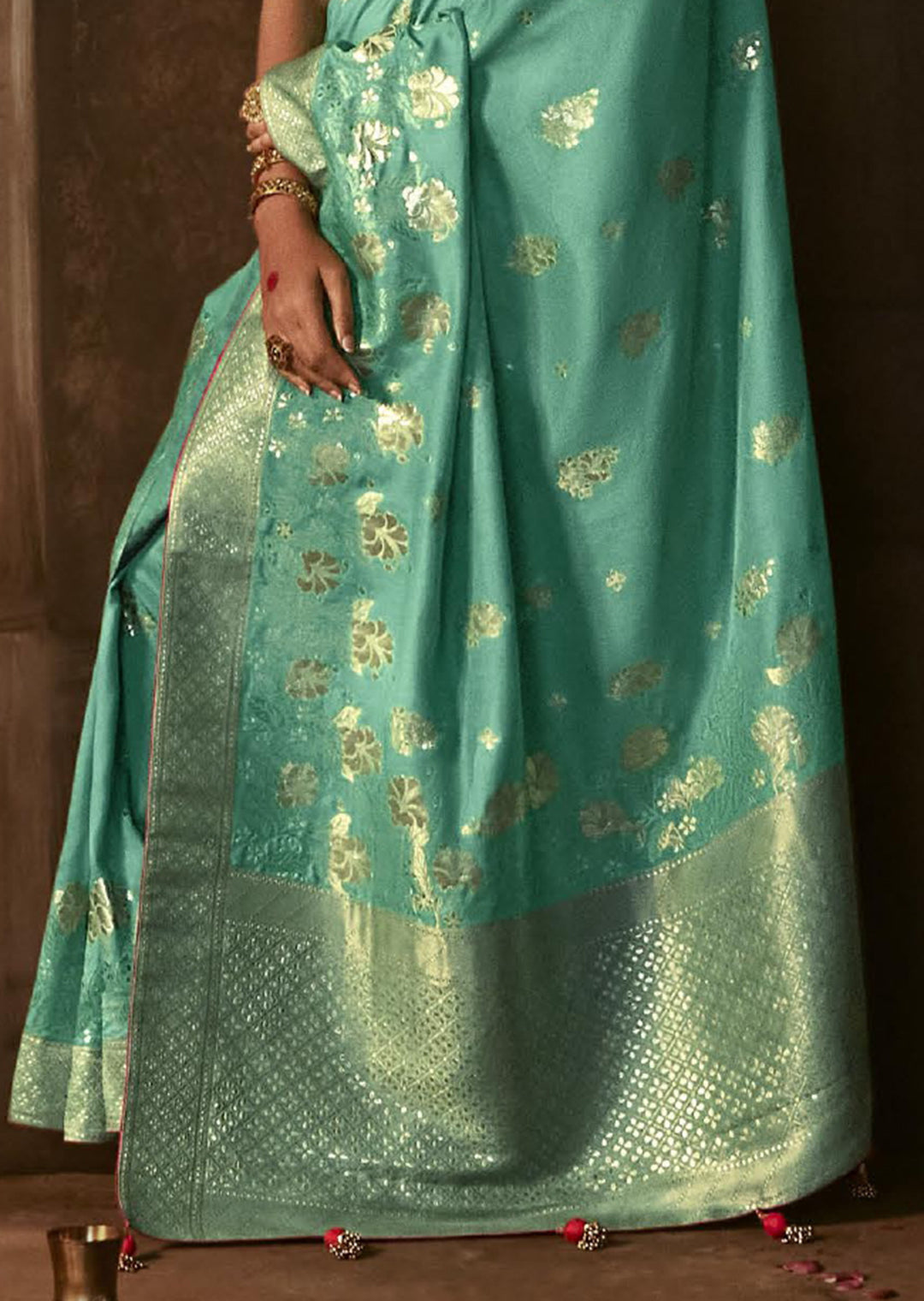 PEARL AQUA BLUE WOVEN PURE CREPE SILK DESIGNER BANARASI SAREE