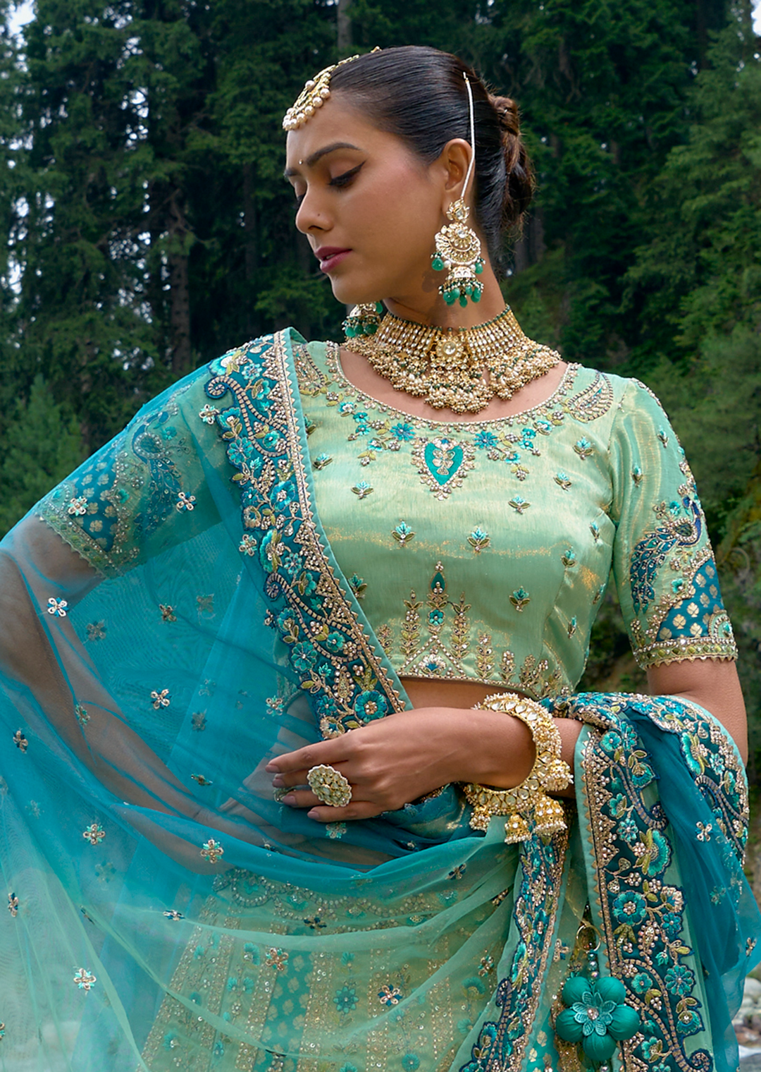 Mint Green Hand Worked Premium Designer Silk Lehenga