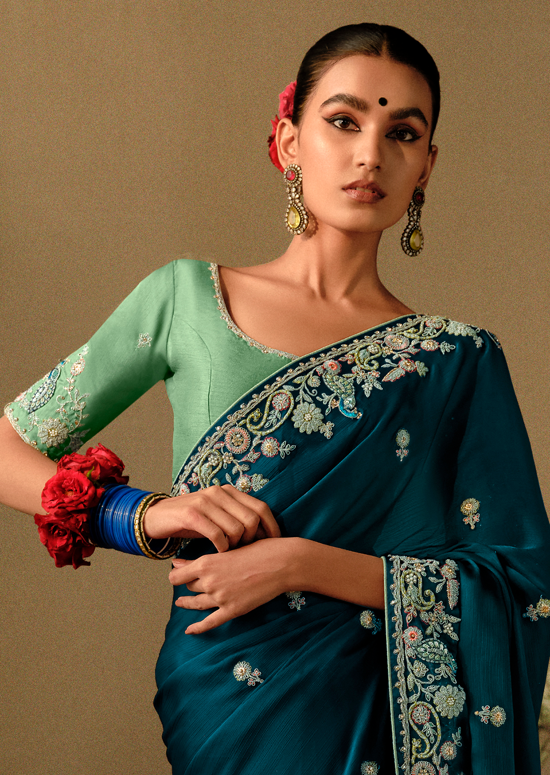 YALE BLUE WOVEN HEAVY EMBROIDERED PREMIUM DESIGNER SILK SAREE