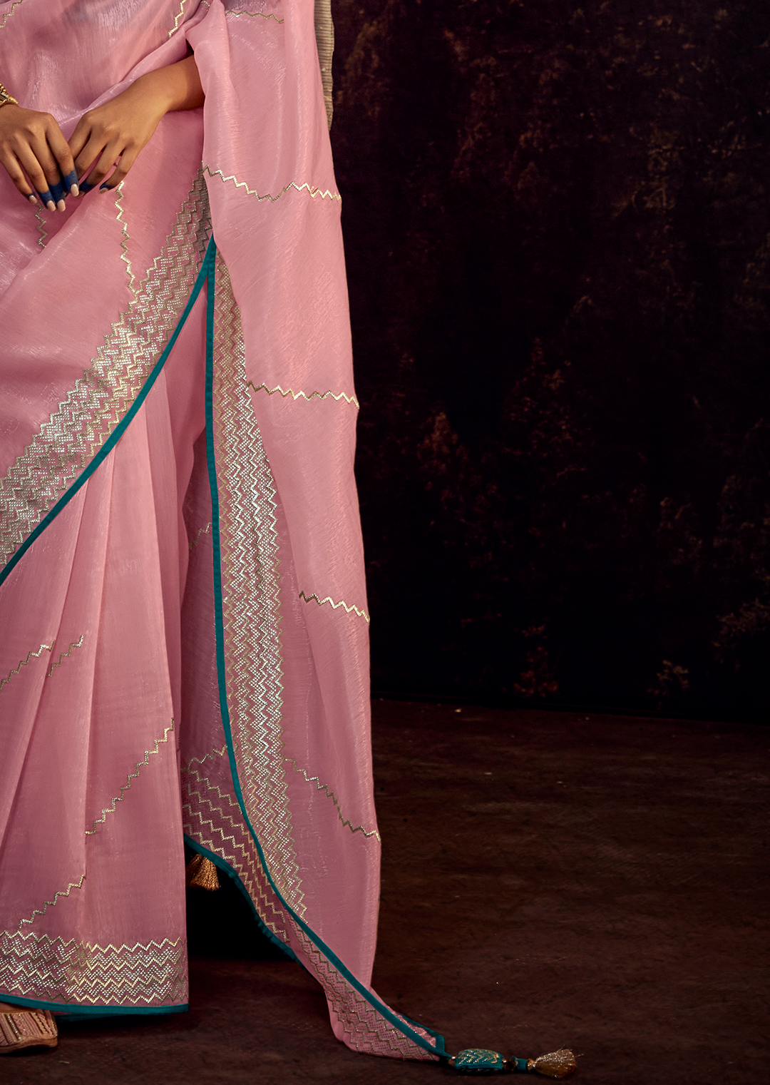 CARNATION PINK WOVEN PURE TISSUE LINEN DESIGNER SAREE