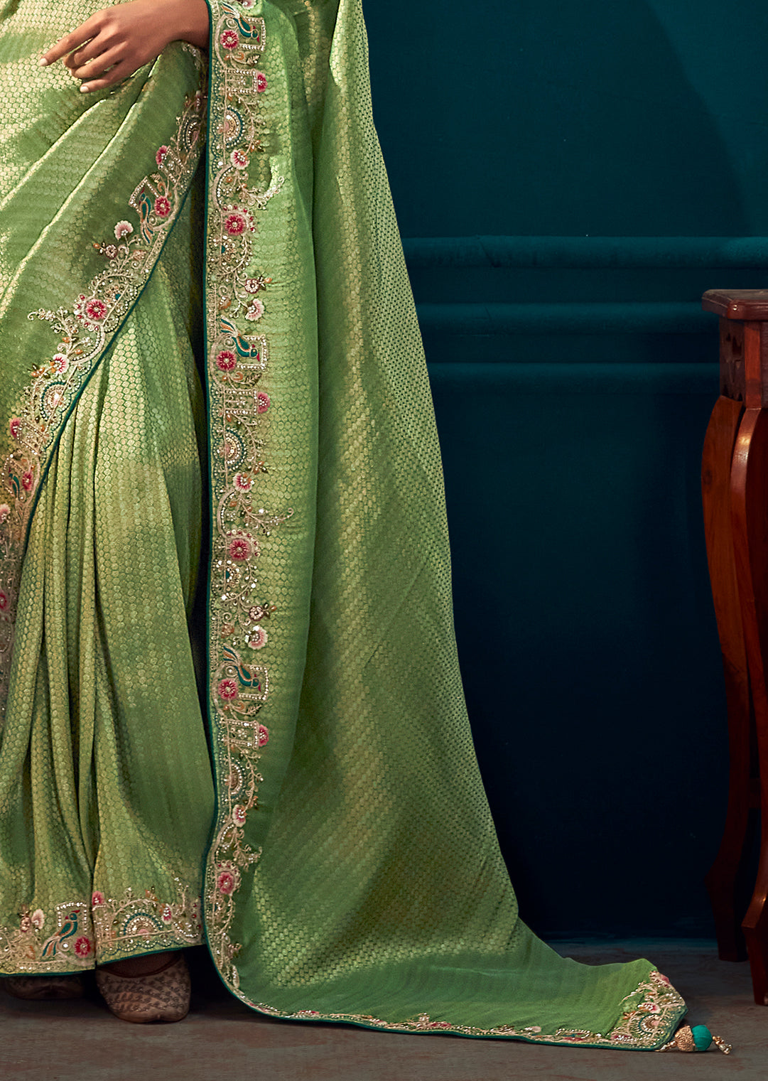 TEA GREEN HEAVY EMBROIDERED BROCADE DESIGNER KANJIVARAM SILK SAREE