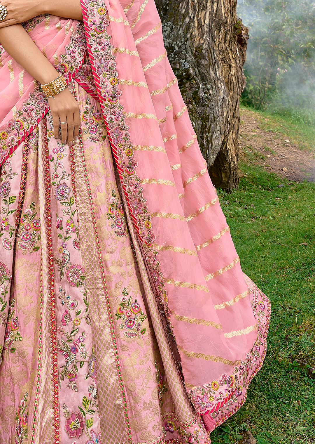 Crepe Pink Heavy Embroidered Premium Designer Silk Lehenga