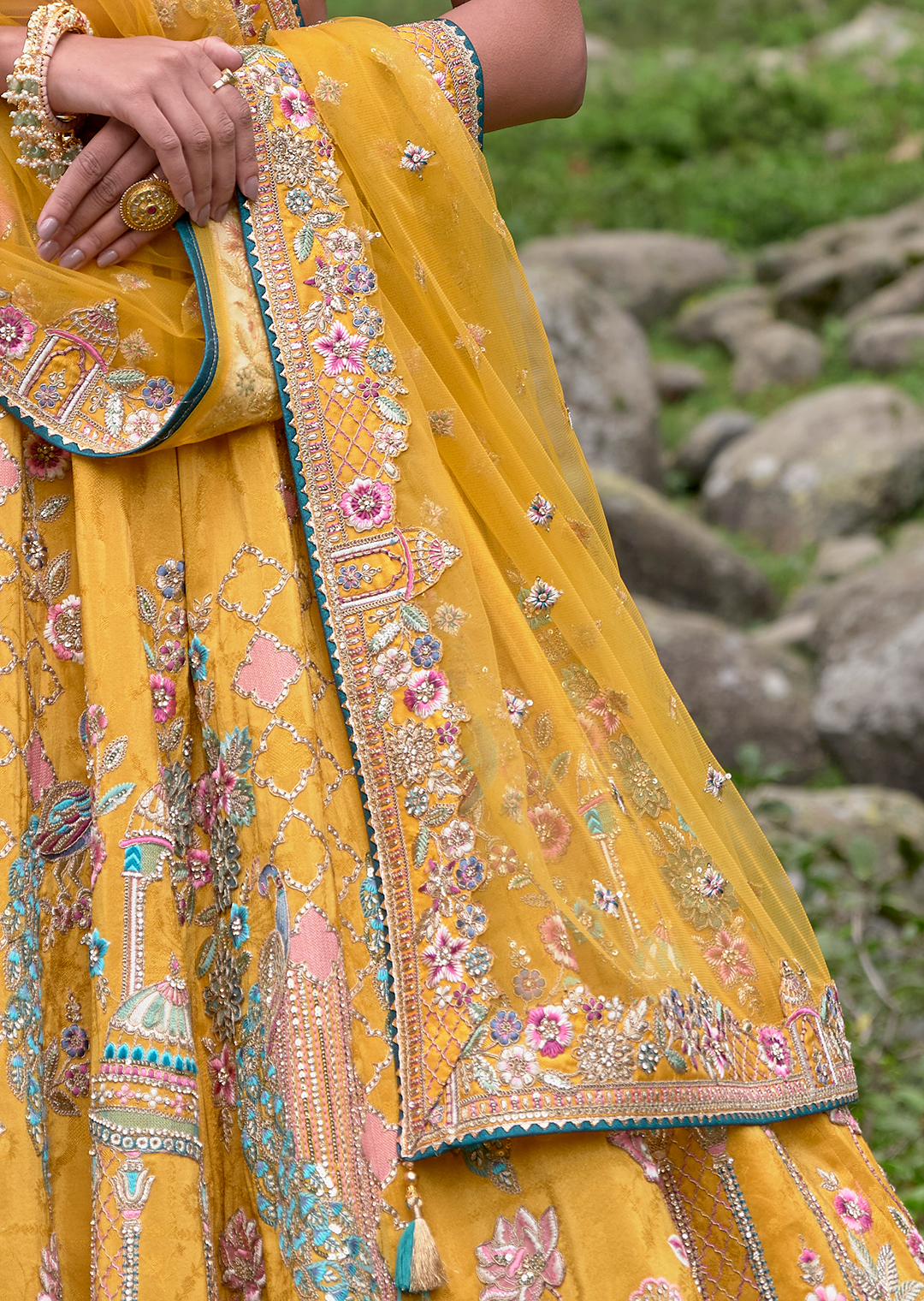 Mustard Yellow Hand Worked Premium Designer Silk Lehenga