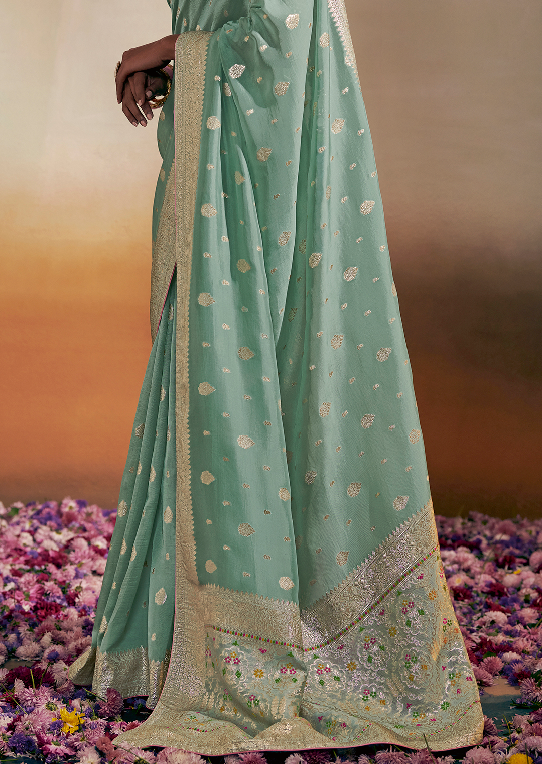 MINT GREEN WOVEN PURE CHINON CHIFFON DESIGNER SILK SAREE