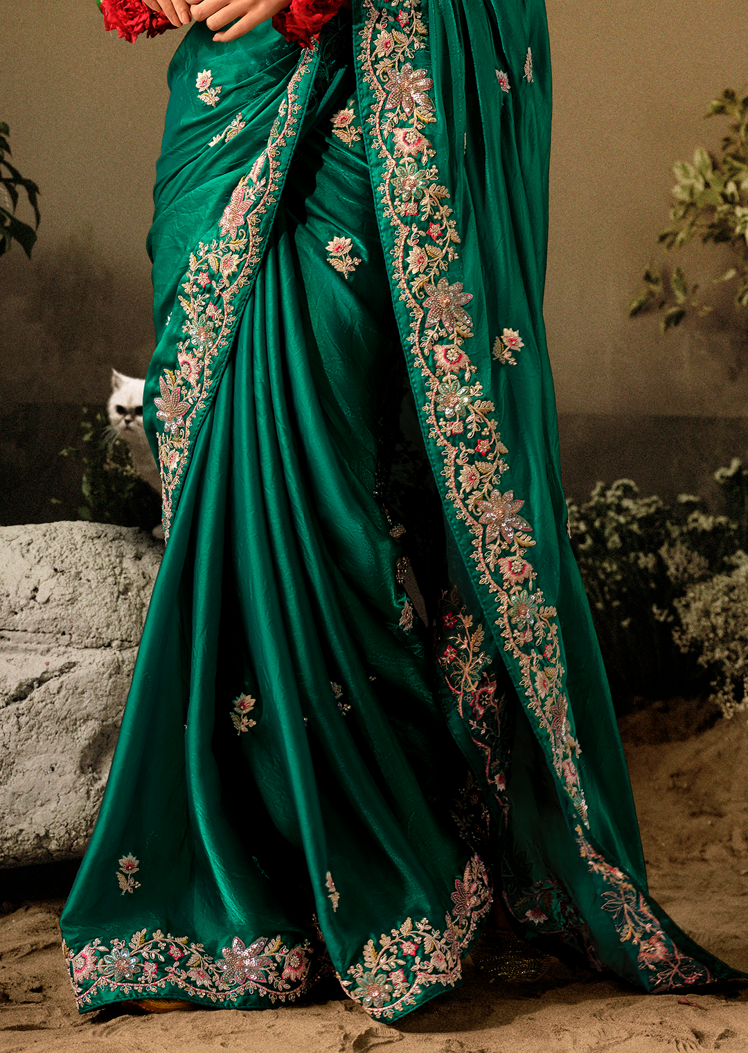 GREEN WOVEN HEAVY EMBROIDERED PREMIUM DESIGNER SILK SAREE