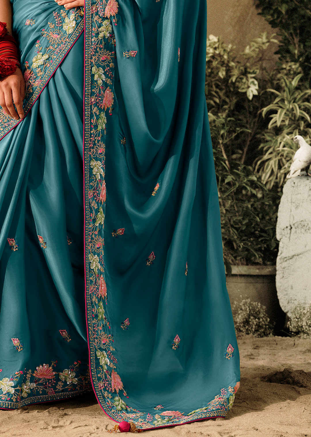 TEAL BLUE WOVEN HEAVY EMBROIDERED PREMIUM DESIGNER SILK SAREE