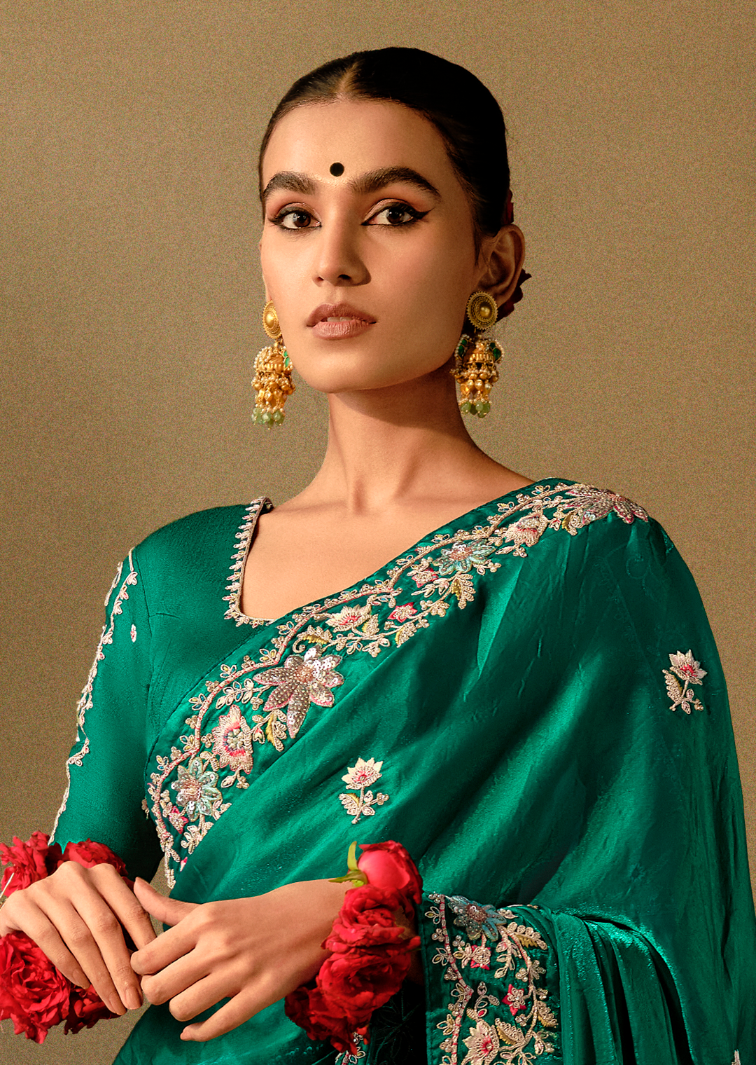 GREEN WOVEN HEAVY EMBROIDERED PREMIUM DESIGNER SILK SAREE