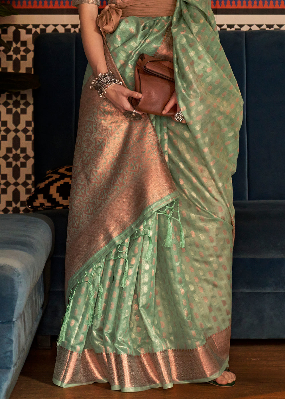 SEAFOAM GREEN ZARI WOVEN PURE HANDLOOM TISSUE SILK SAREE