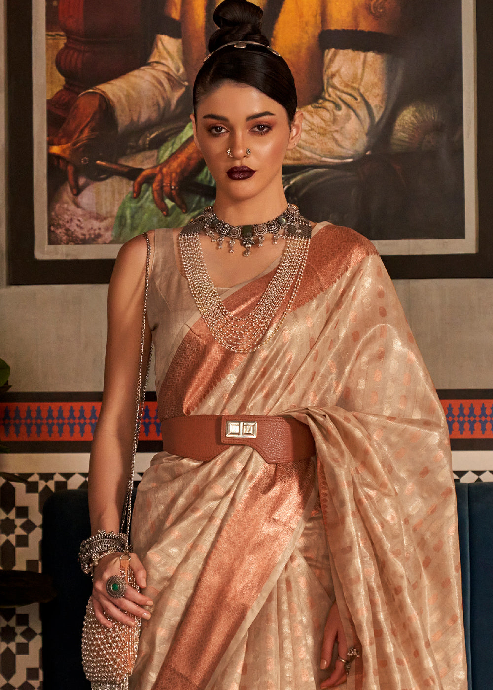 BEIGE ZARI WOVEN PURE HANDLOOM TISSUE SILK SAREE